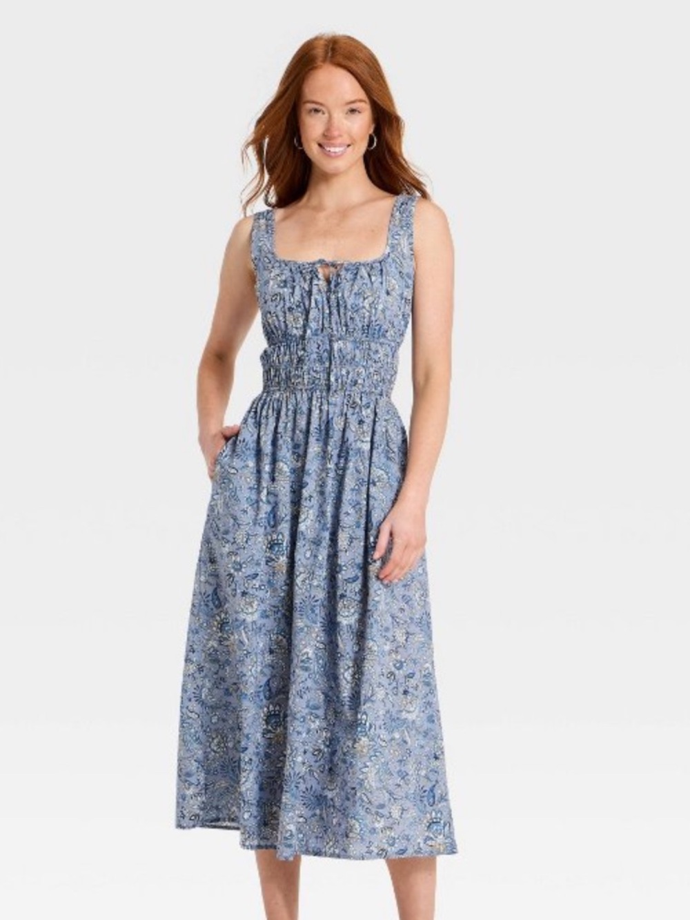 NWT Blue Floral Midi Dress with Smocked Bodice